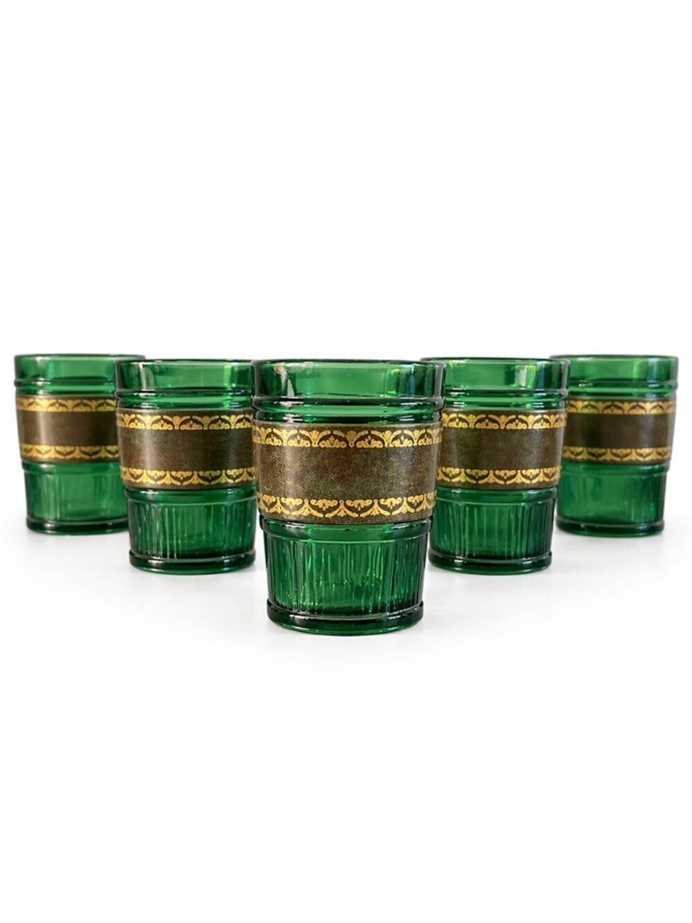 MCM Emerald Green Leather Banded Tumbler Glasses Set of 6 RARE Vintage 60s